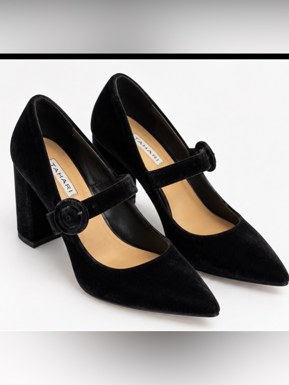 Tahari Ava Black Velvet Mary Jane Pointed Toe Block Heels Size 8